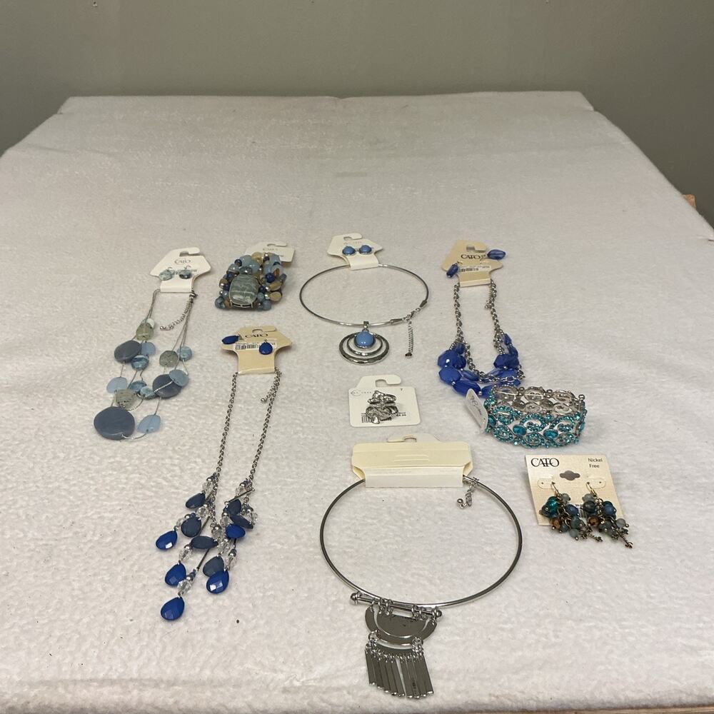 Blue Stone and Silver Jewelry Lot Necklace Bracelet Earrings Ring . 3413